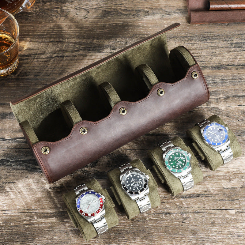 Leather Watch Box with Four Compartments, Handmade Genuine Leather, Egg-Shaped, Portable, Mechanical and Electronic Watch Storage Case