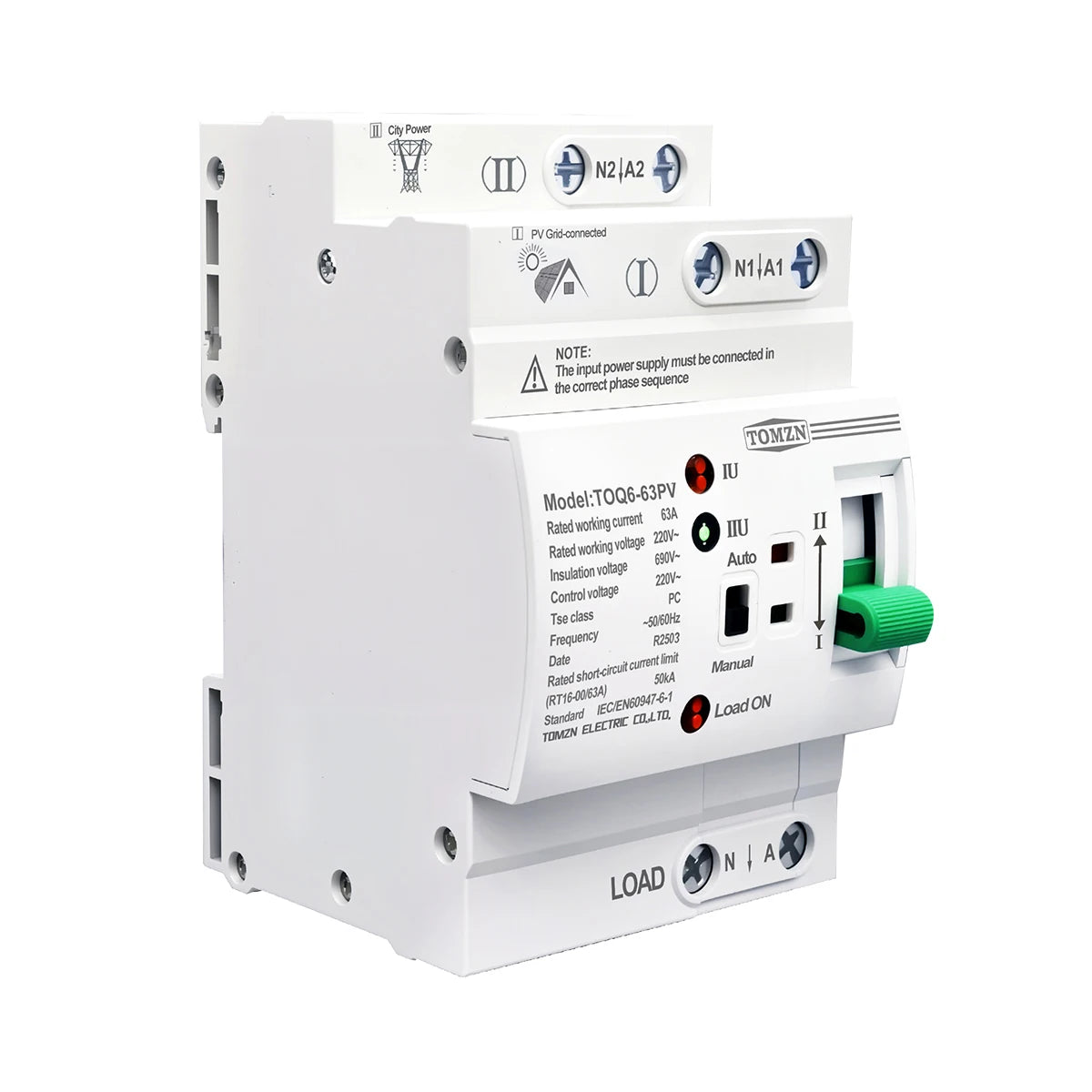 TOMZN Din Rail Small Size PV ATS 2P4P 63A 230V Dual Power Automatic Transfer Electrical Selector Switch Uninterrupted