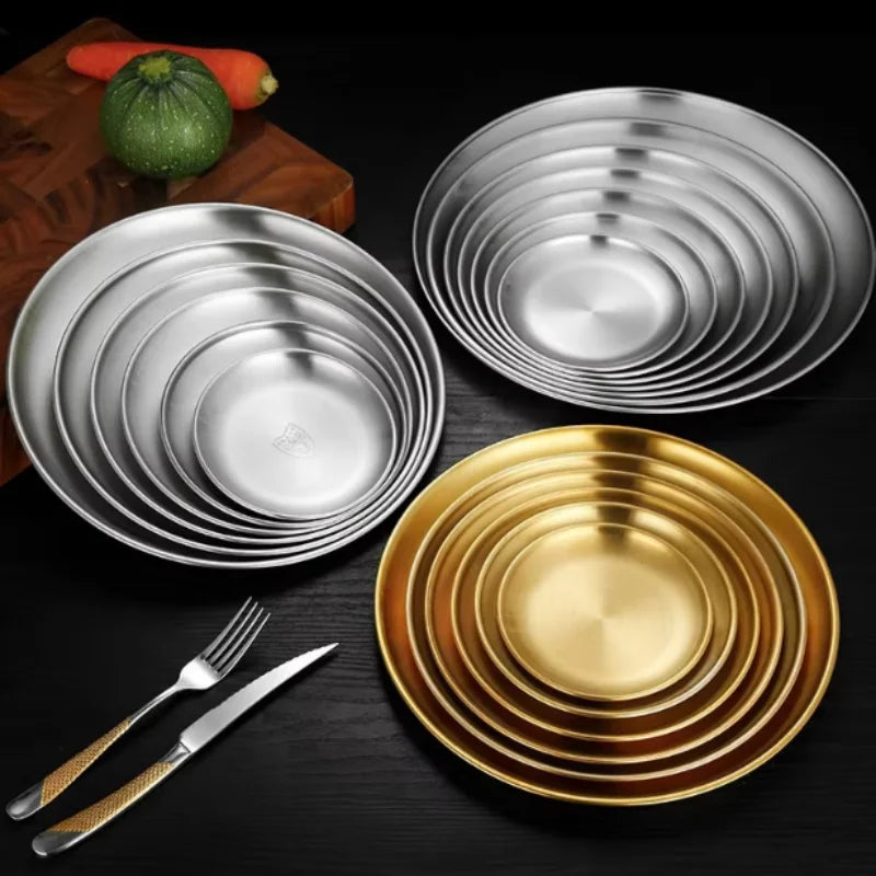 Thickened Stainless Steel Golden Round Fruit Plate Cake Plate Bone Tray BBQ Plate Flat Bottom Shallow Tray
