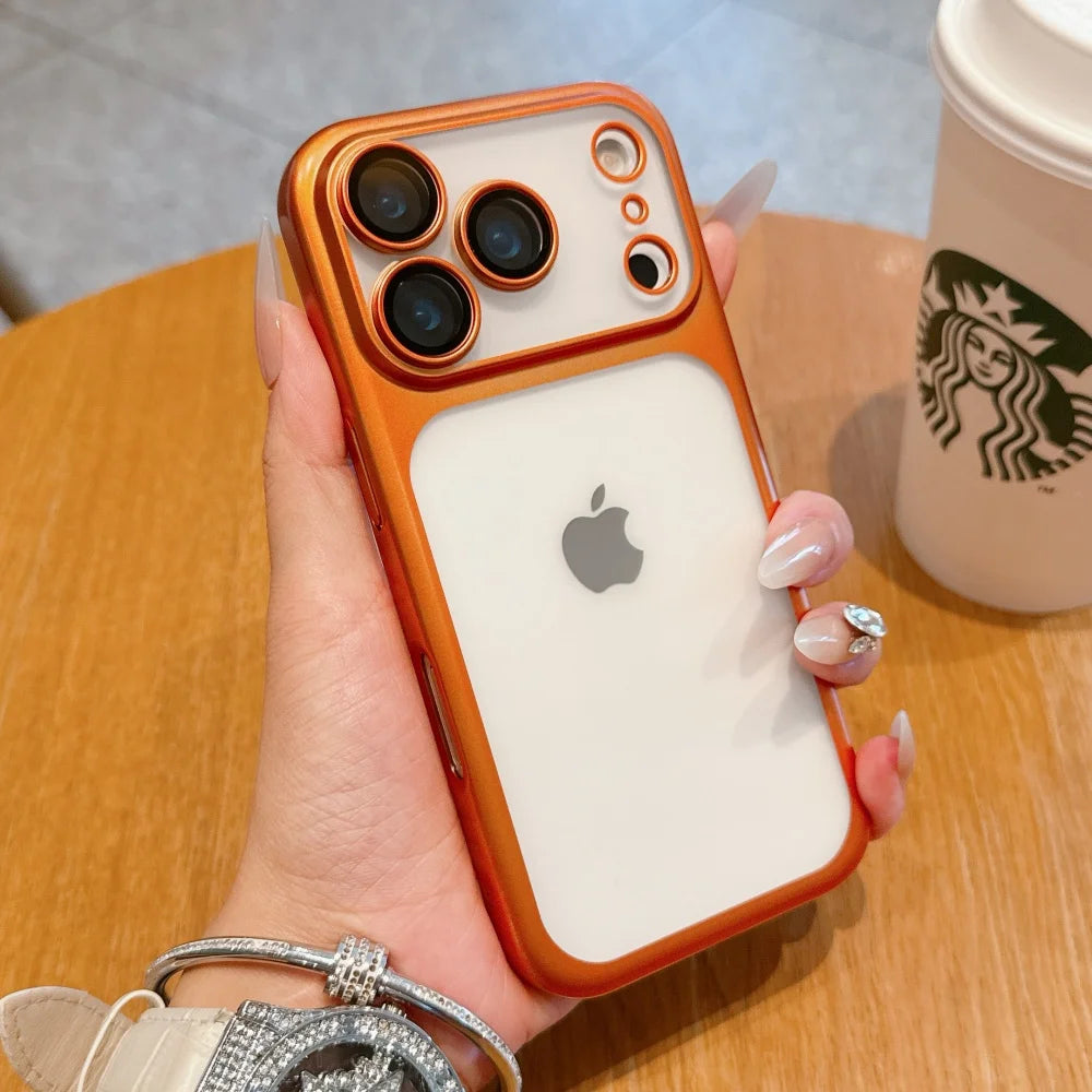 Electroplating Large Window Matte Case For iPhone 17 16 15 14 13 Pro Max Air Ultra Thin Transparent PC Hard Lens Film Cover