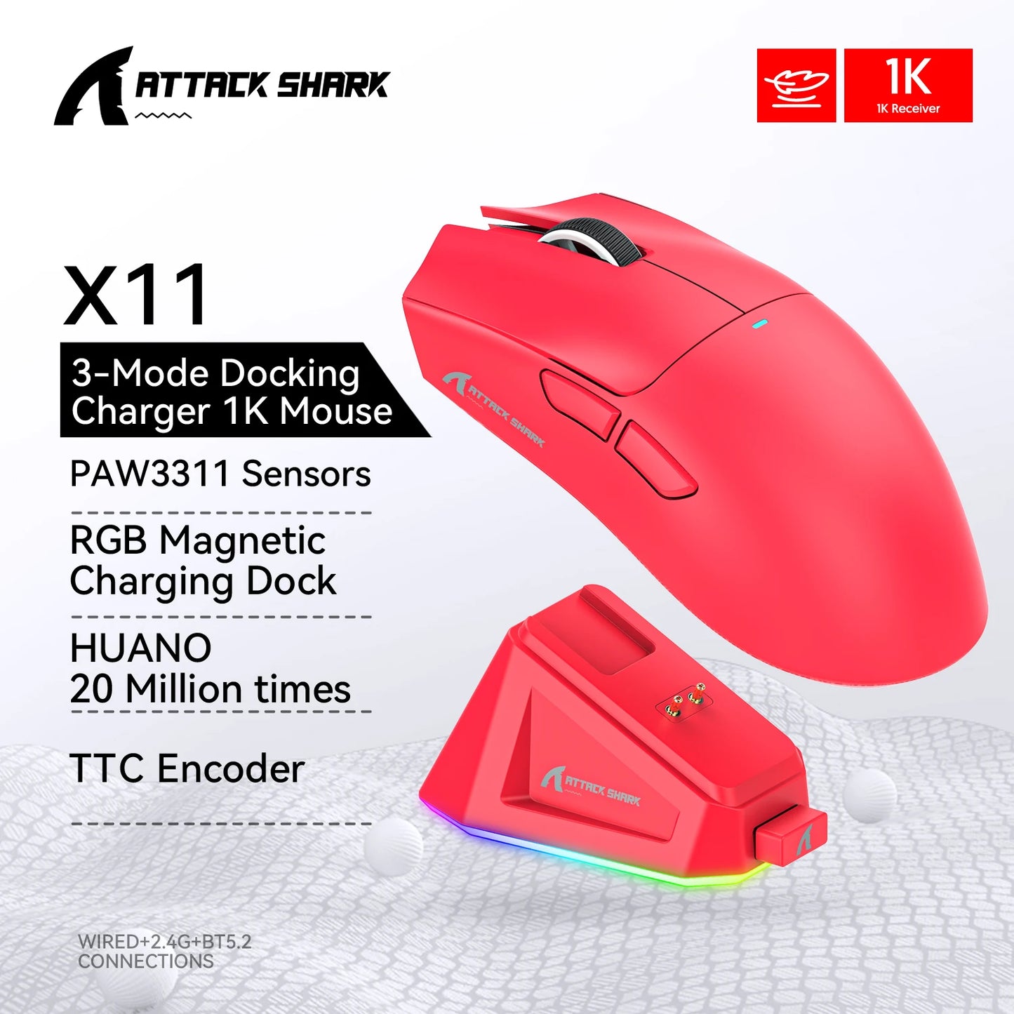 Attack Shark X11 Gaming Mouse,Tri-Mode Connection, PixArt PAW3311, Touch Magnetic Charging Base, Wireless Mouse