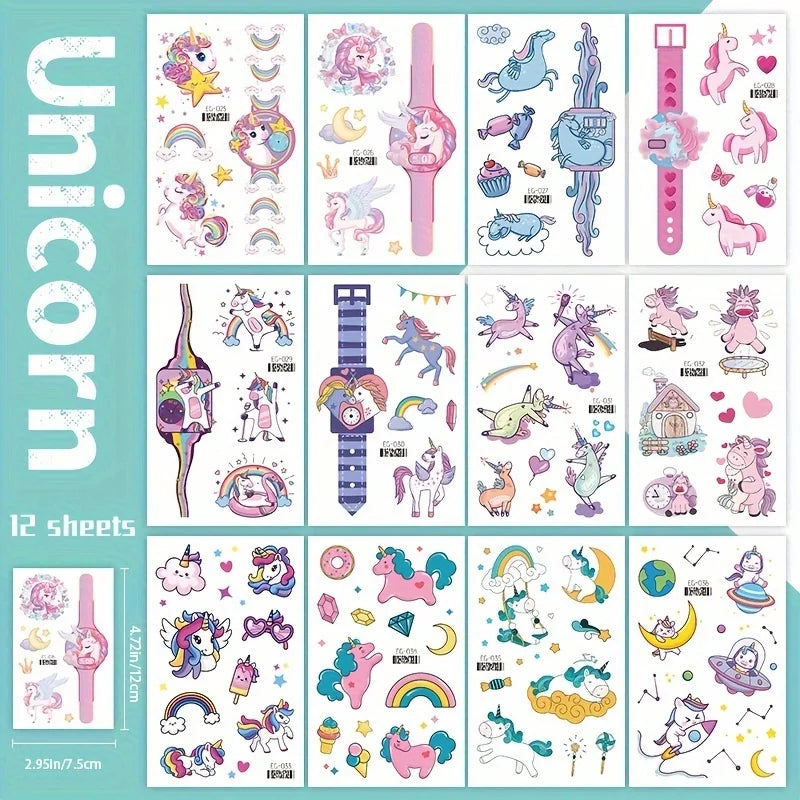 Wholesale 12 Sheets Temporary for Girls, Glitter Birthday Unicorn Tattoos Favors,Rainbow Unicorn Party Decor Supplies