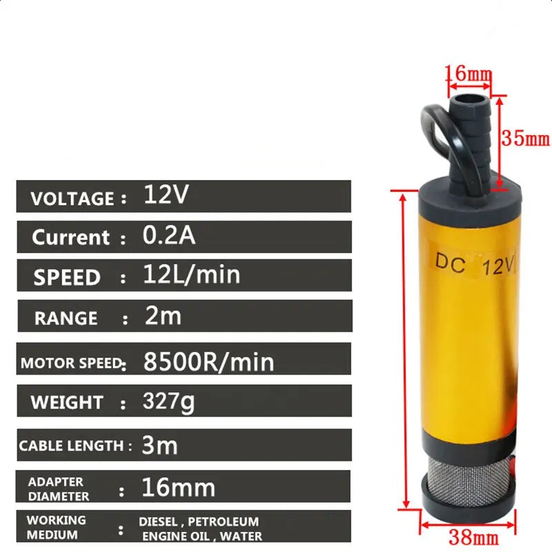 12V/24V DC Mini Portable Electric Submersible Pump - 12L/min, Aluminum Alloy Shell, Fuel/Diesel/Oil/Water Transfer