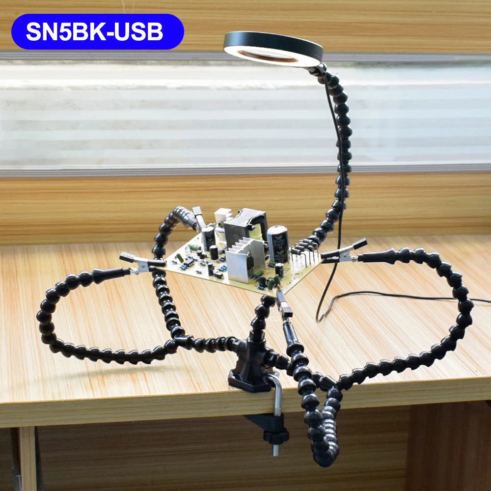 Toolour Helping Hands Soldering Third Hand Tools 5 Flexible Arms With Adjustable Table Clamp 3X LED Magnifier PCB Holder Tool