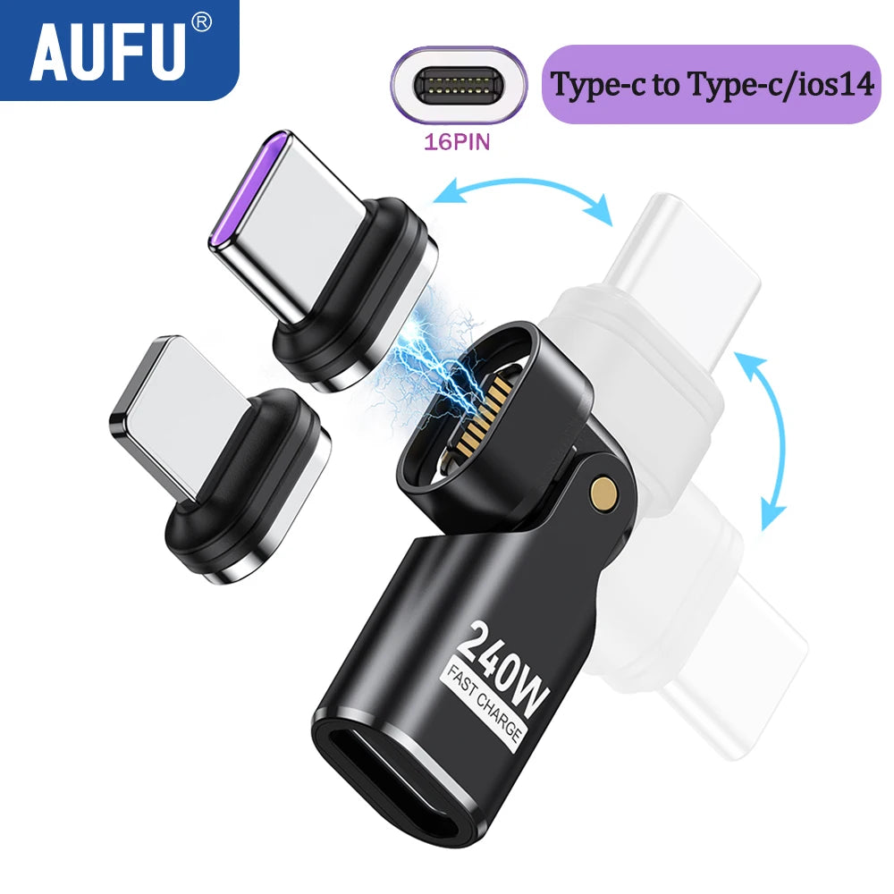 AUFU 240W Type C Adapter 16Pin USB-C to Type-C Fast Charging Cable Magnetic USB C Female Converter for Macbook iPhone 16 15 Xiao