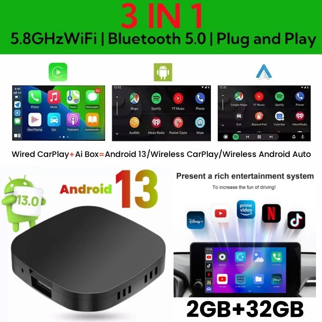 2026 Android13 CarPlay Ai Box Kowankit Wireless Android Auto 3 in 1 USB Adapter Plug & Play For Youtube Netflix Universal TV Box