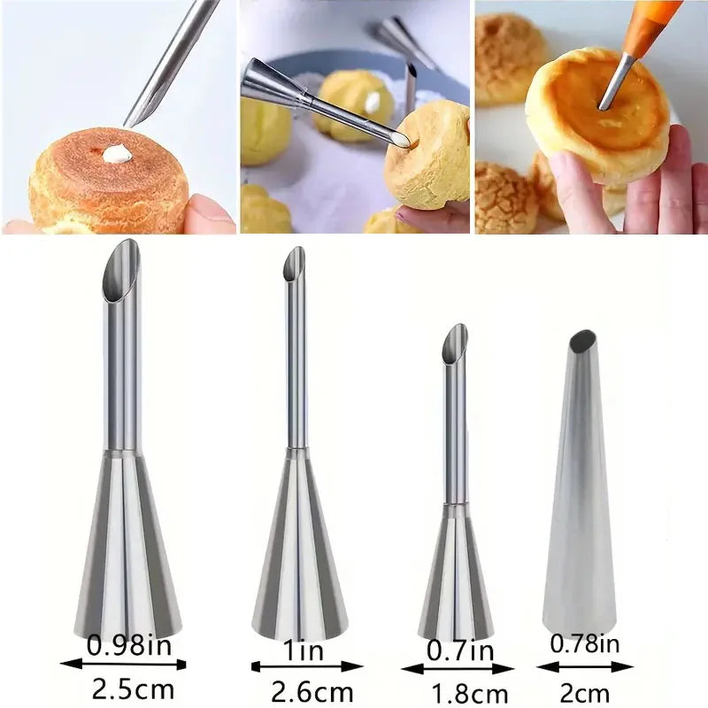 4Pcs Puff Pastry Piping Nozzle Set, Stainless Steel Decorating Tips for Cake Cupcake Cookie Cream Icing, Baking Tools for Baker
