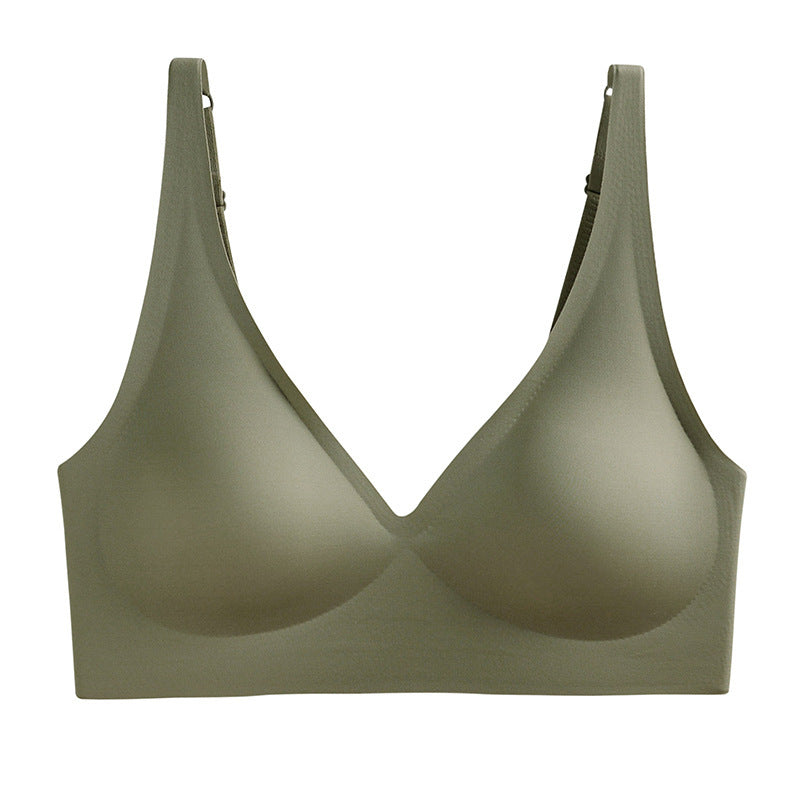 French Seamless Jelly Stripe Bra, No Steel Ring, Plumping and Lifting, Ice Silk, Outer Wear, Plus Size, Youthful Style