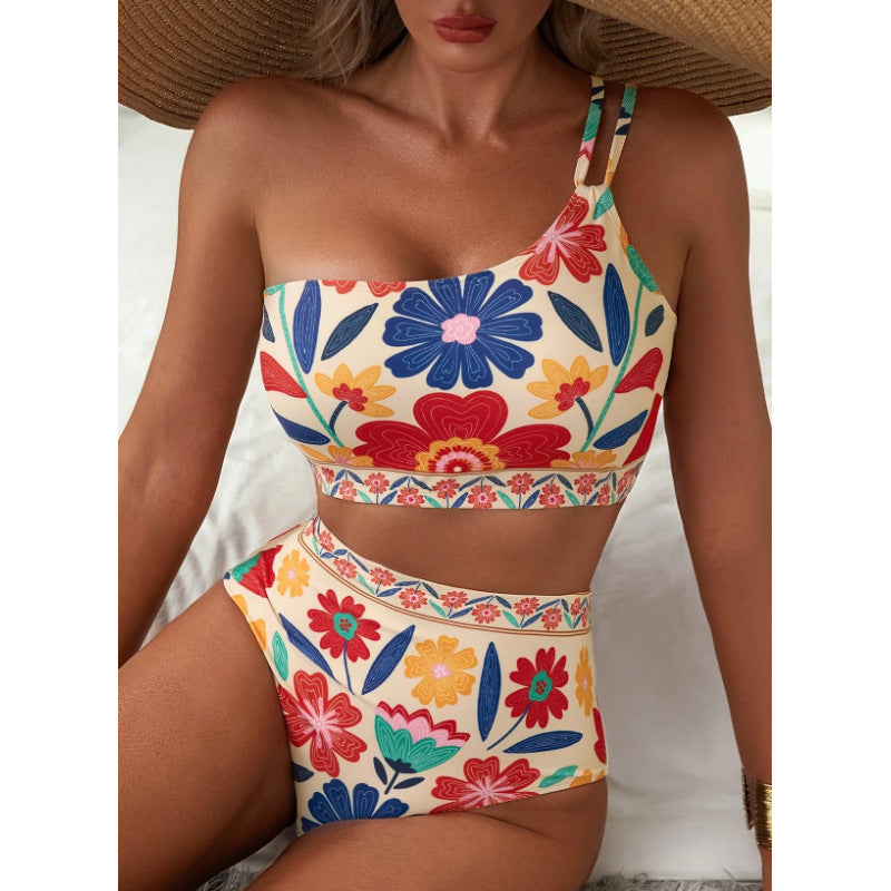 Copy of New women's high waisted bikini set with one shoulder floral print swimsuit, 2-piece set, belly cinching swimsuit