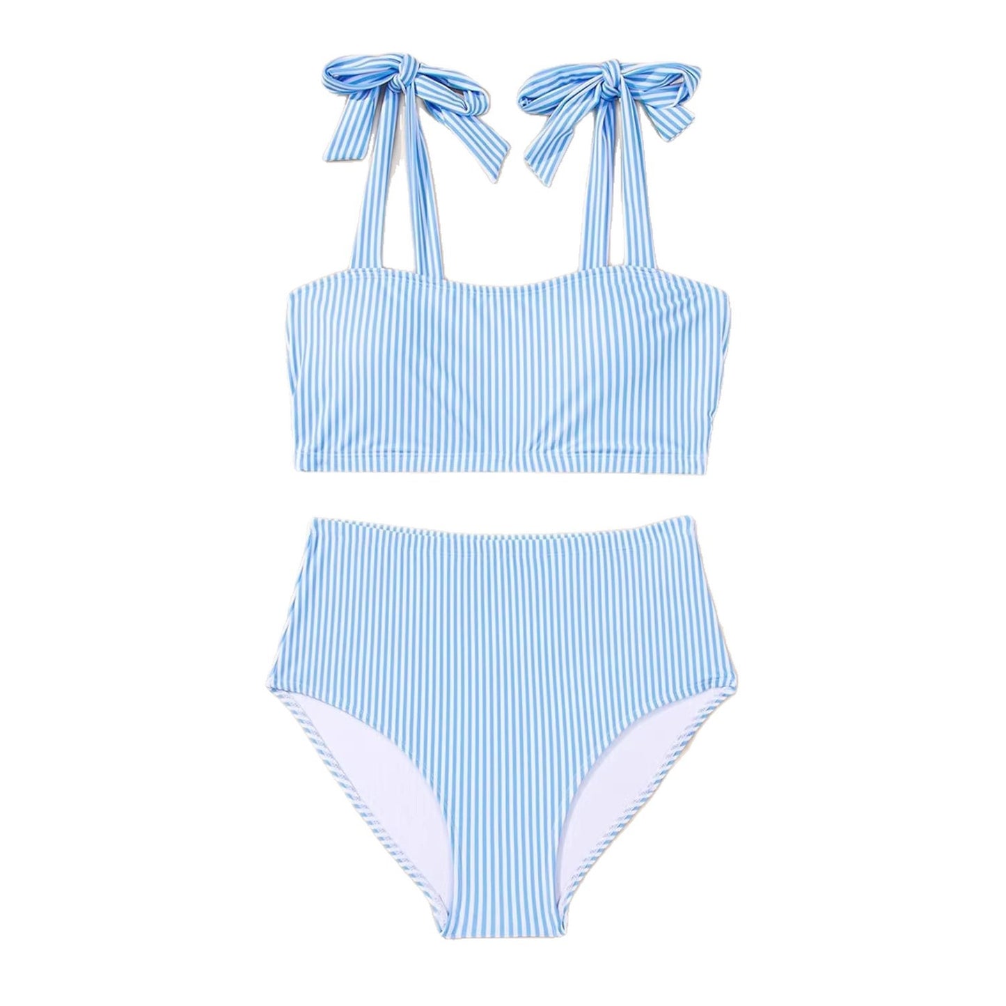 Copia de Conjunto de bikini de rayas para mujer con diseño de hombros anudados, traje de baño de dos piezas de cintura alta