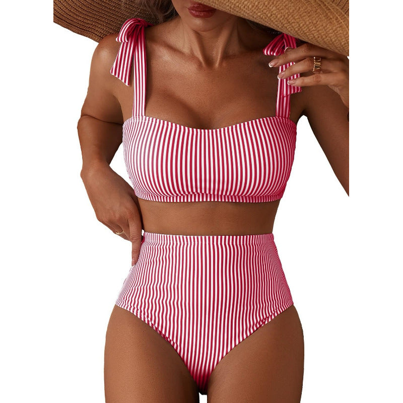 Copia de Conjunto de bikini de rayas para mujer con diseño de hombros anudados, traje de baño de dos piezas de cintura alta