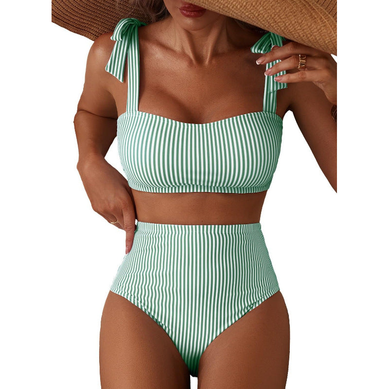 Copia de Conjunto de bikini de rayas para mujer con diseño de hombros anudados, traje de baño de dos piezas de cintura alta