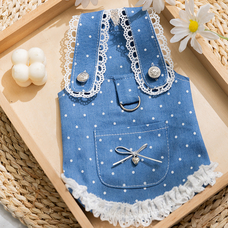 Spring Summer Pet Cat Dress with Leash, Polka Dot Denim Skirt for Small Dogs, Pomeranian, Bichon Frise, Puppy Clothes
