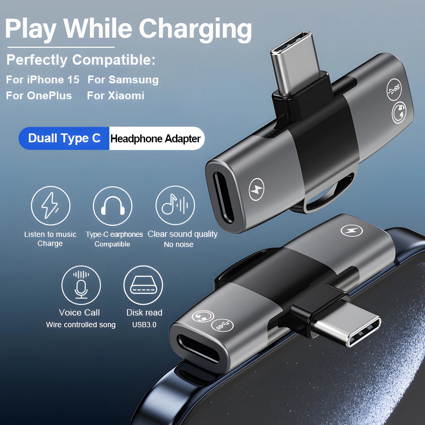 Copy of OTG USB Type C Splitter to Double Type C Jack AUX Audio Headphone Adapter PD15W Charging for iPhone 15 Samsung Xiaomi MacBook