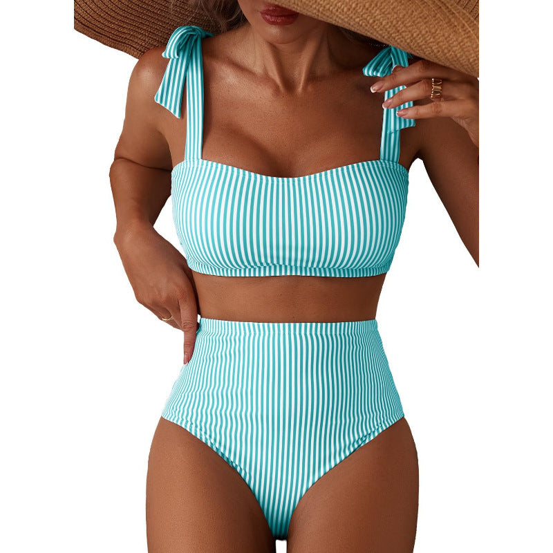 Copia de Conjunto de bikini de rayas para mujer con diseño de hombros anudados, traje de baño de dos piezas de cintura alta