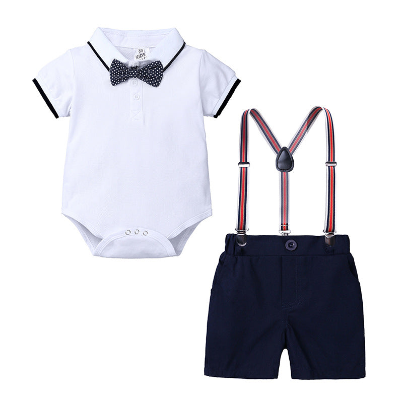 Baby boy's short sleeved jumpsuit+suspender shorts two-piece set