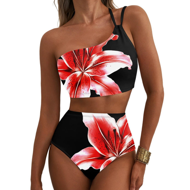Copy of New women's high waisted bikini set with one shoulder floral print swimsuit, 2-piece set, belly cinching swimsuit