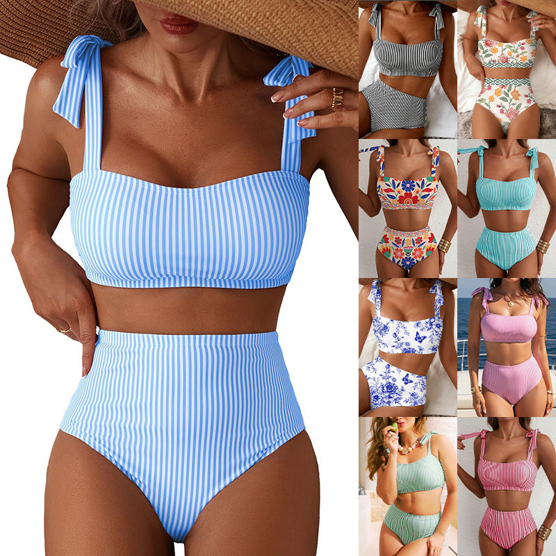 Copia de Conjunto de bikini de rayas para mujer con diseño de hombros anudados, traje de baño de dos piezas de cintura alta