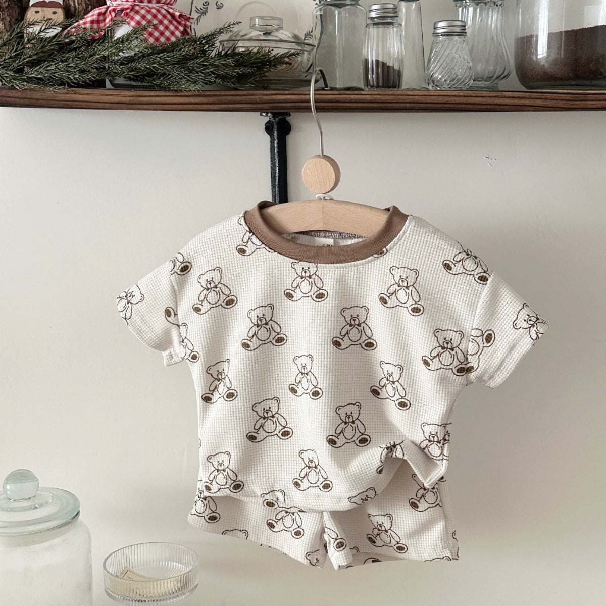 Cute teddy bear short sleeved shorts casual set