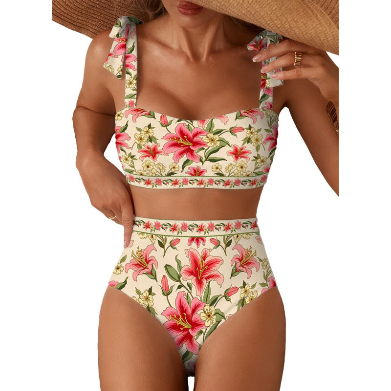 Copia de Conjunto de bikini de rayas para mujer con diseño de hombros anudados, traje de baño de dos piezas de cintura alta