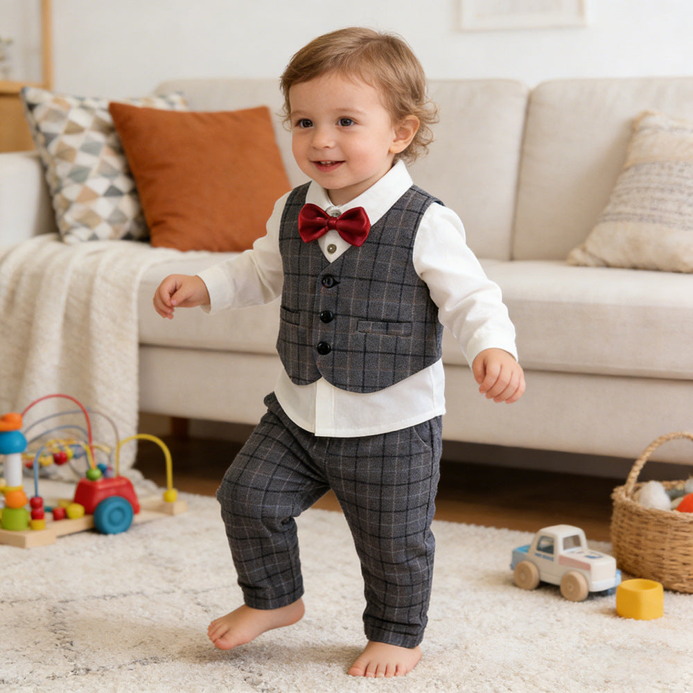 Long sleeved shirt+vest+long pants three piece set