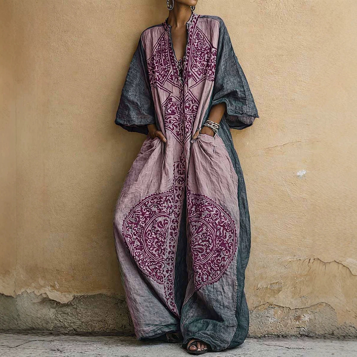 Printed Bohemian style wide leg jumpsuit for women