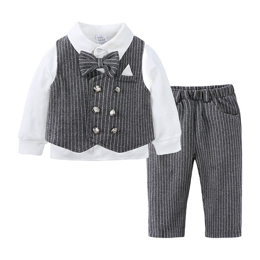 Boy and baby vest long sleeved shirt British long pants three piece set