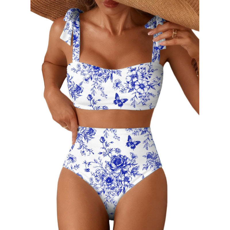Copia de Conjunto de bikini de rayas para mujer con diseño de hombros anudados, traje de baño de dos piezas de cintura alta