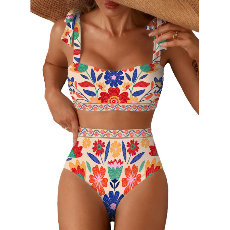 Copia de Conjunto de bikini de rayas para mujer con diseño de hombros anudados, traje de baño de dos piezas de cintura alta