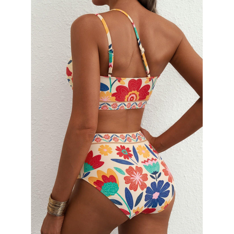 Copy of New women's high waisted bikini set with one shoulder floral print swimsuit, 2-piece set, belly cinching swimsuit