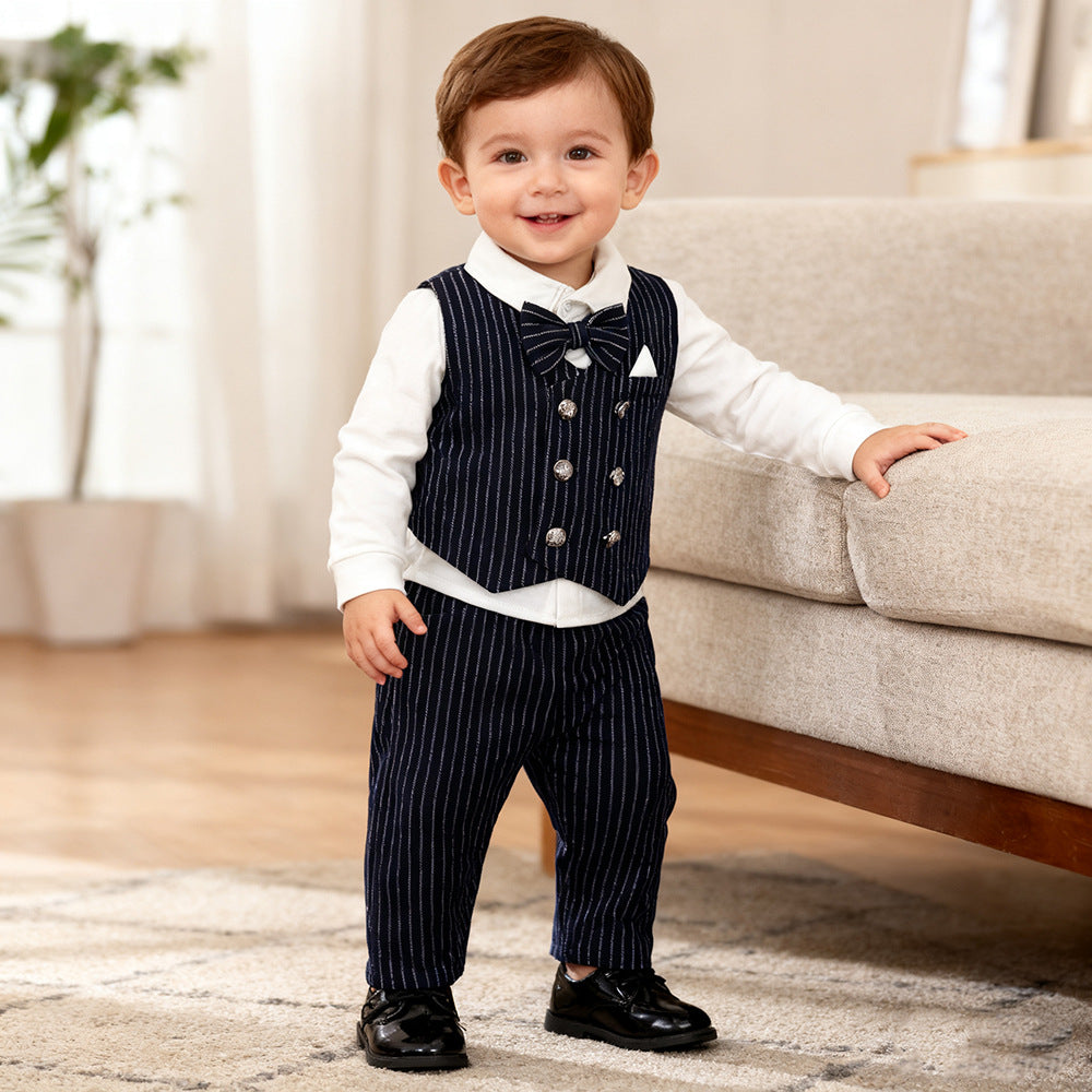 Boy and baby vest long sleeved shirt British long pants three piece set