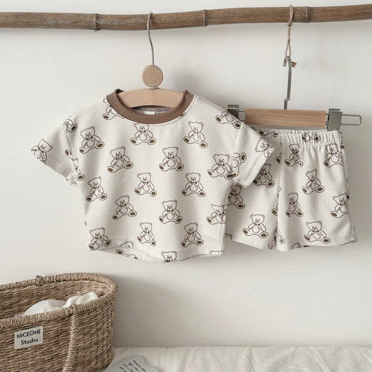 Cute teddy bear short sleeved shorts casual set