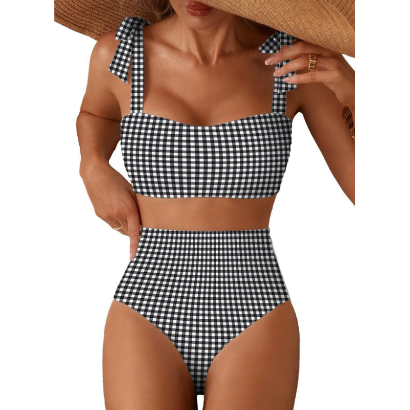 Copia de Conjunto de bikini de rayas para mujer con diseño de hombros anudados, traje de baño de dos piezas de cintura alta