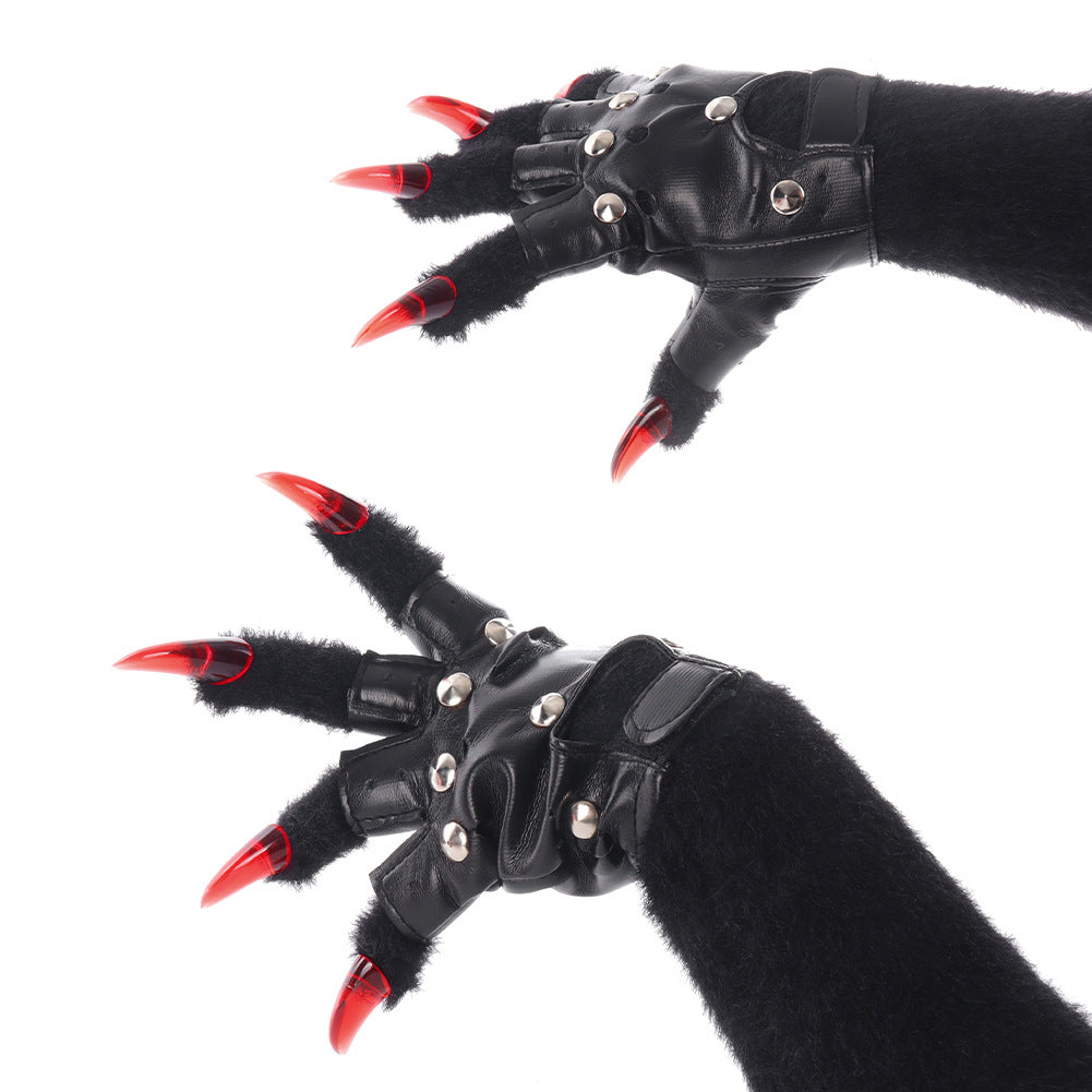 Original Furry Animal Paw Gloves, Punk Leather Gloves, Cosplay Handmade Accessories &ampProps