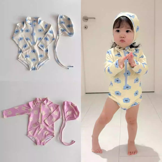 Cloud flower long sleeved one-piece swimsuit