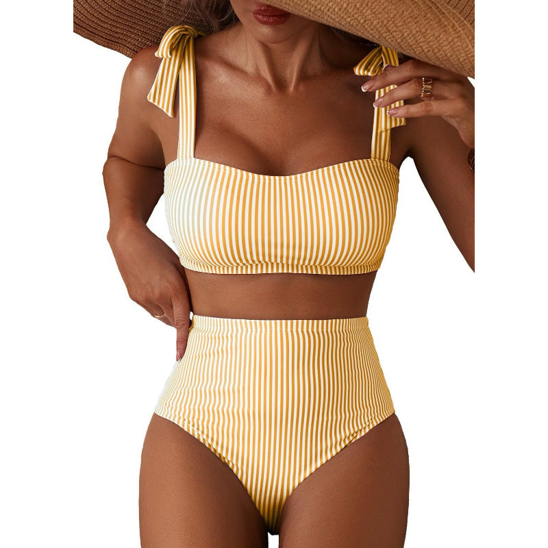 Copia de Conjunto de bikini de rayas para mujer con diseño de hombros anudados, traje de baño de dos piezas de cintura alta