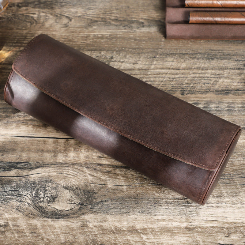 Leather Watch Box with Four Compartments, Handmade Genuine Leather, Egg-Shaped, Portable, Mechanical and Electronic Watch Storage Case