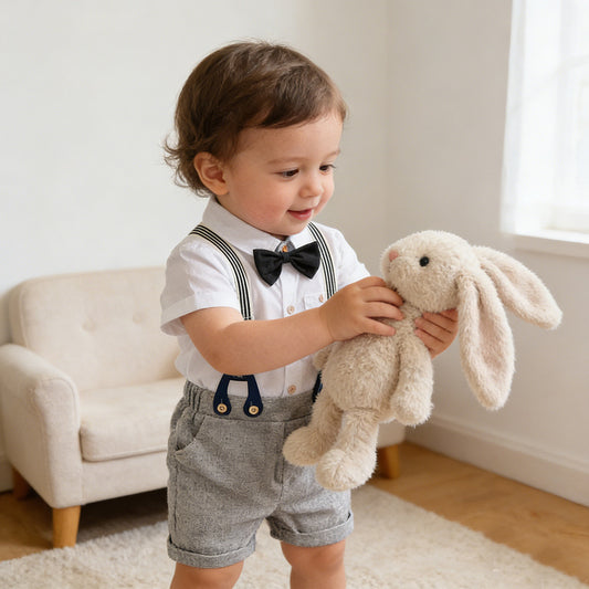Short sleeved shirt suspender pants  gentlemen's three piece set