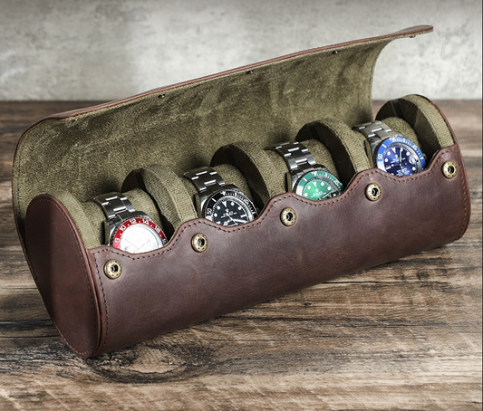 Leather Watch Box with Four Compartments, Handmade Genuine Leather, Egg-Shaped, Portable, Mechanical and Electronic Watch Storage Case