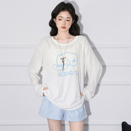 Elephant Embroidery Lightweight Sun Protection Long Sleeve T-Shirt Women Loose Round Neck Top