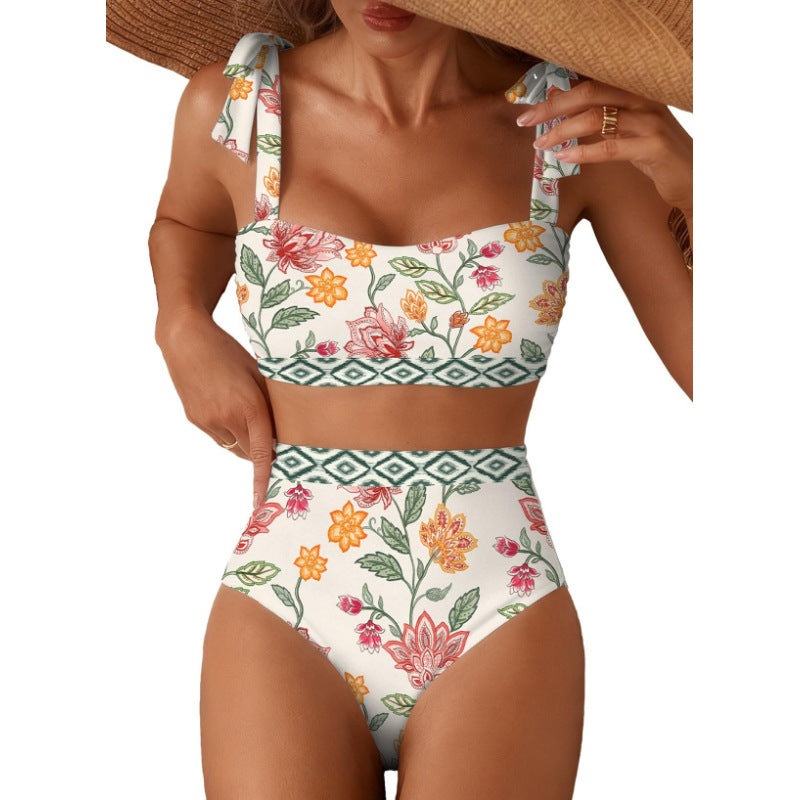 Copia de Conjunto de bikini de rayas para mujer con diseño de hombros anudados, traje de baño de dos piezas de cintura alta