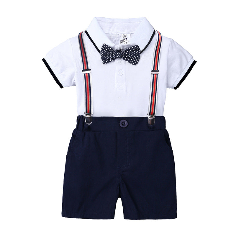 Baby boy's short sleeved jumpsuit+suspender shorts two-piece set