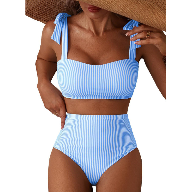 Copia de Conjunto de bikini de rayas para mujer con diseño de hombros anudados, traje de baño de dos piezas de cintura alta