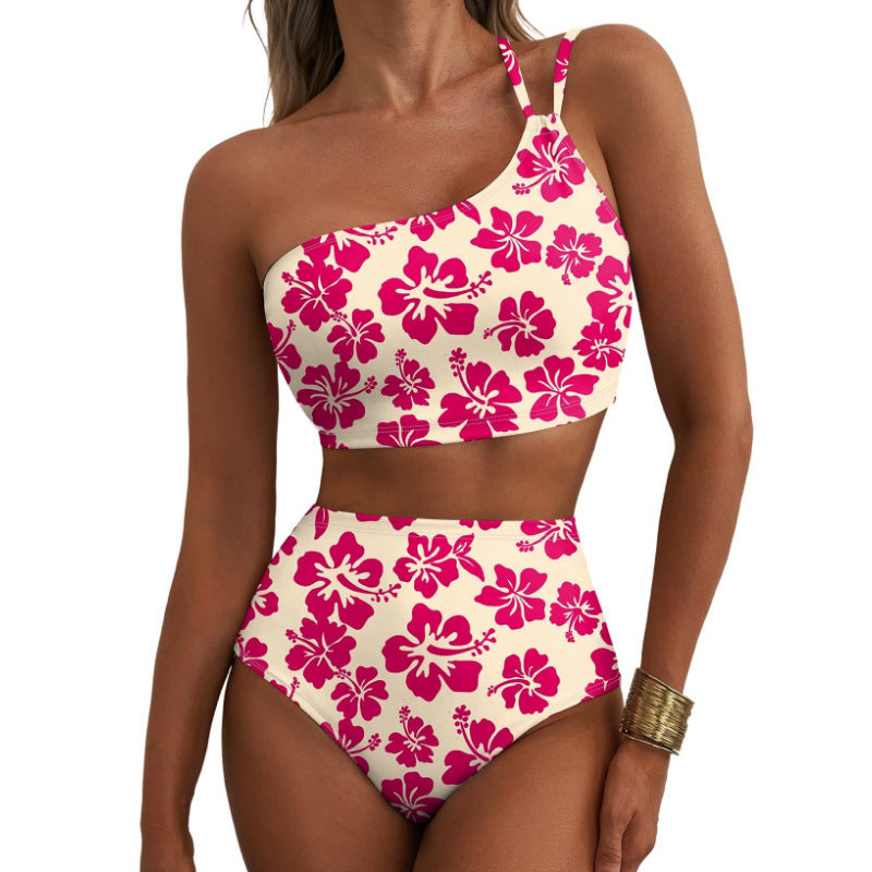 Copy of New women's high waisted bikini set with one shoulder floral print swimsuit, 2-piece set, belly cinching swimsuit