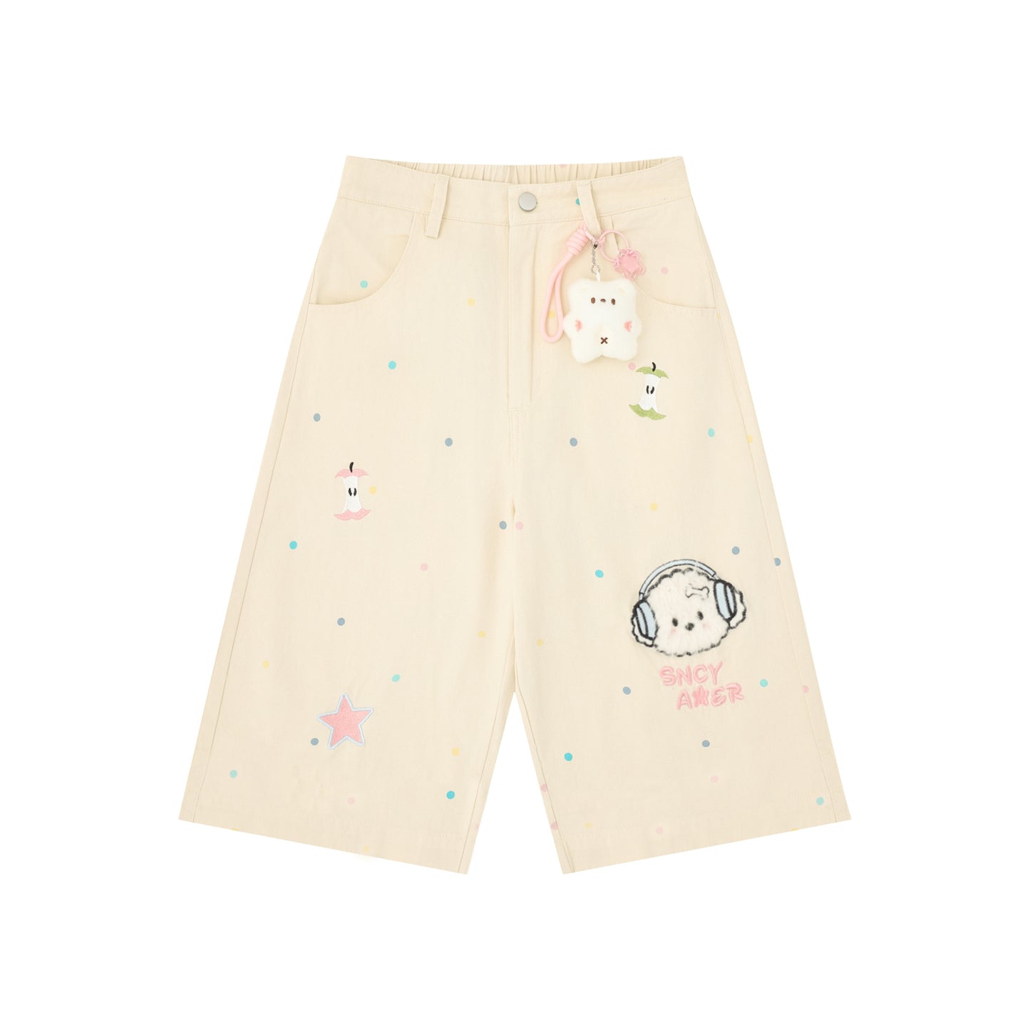 Earphones puppy embroidery shorts