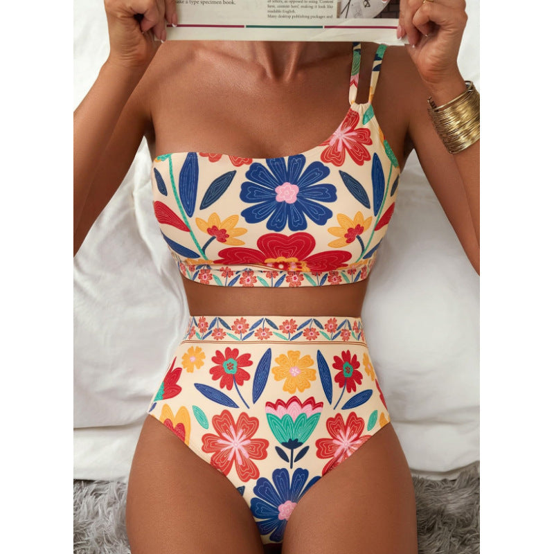 Copy of New women's high waisted bikini set with one shoulder floral print swimsuit, 2-piece set, belly cinching swimsuit