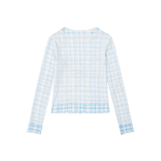 Girl Print Top Plaid Patchwork Wavy Edge Sweet Girl Style Long Sleeve Hoodie