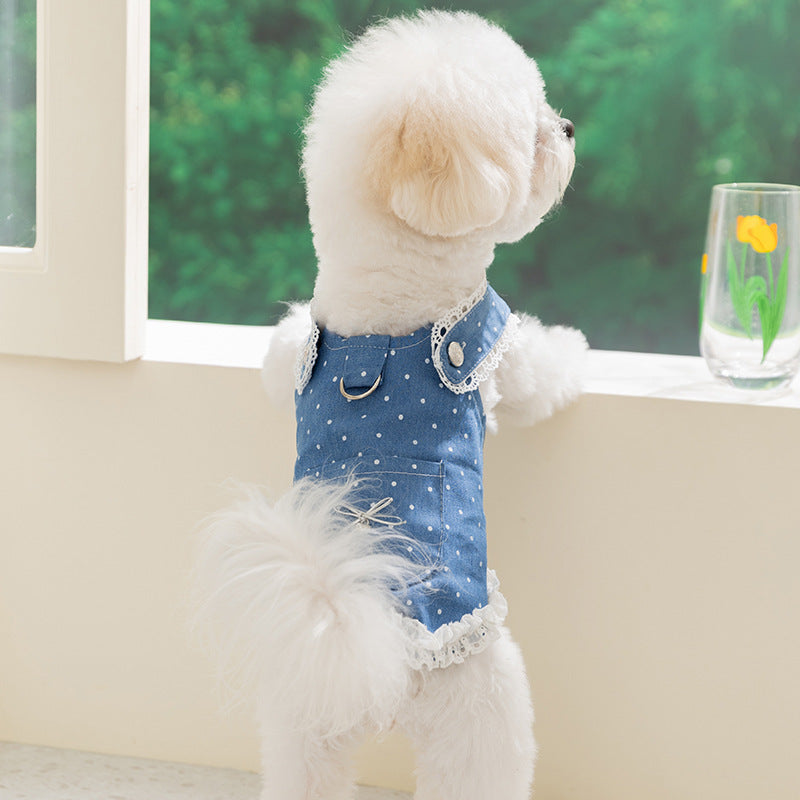 Spring Summer Pet Cat Dress with Leash, Polka Dot Denim Skirt for Small Dogs, Pomeranian, Bichon Frise, Puppy Clothes