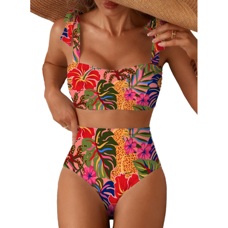 Copia de Conjunto de bikini de rayas para mujer con diseño de hombros anudados, traje de baño de dos piezas de cintura alta