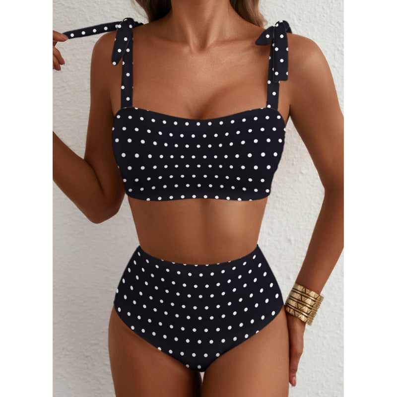 Copia de Conjunto de bikini de rayas para mujer con diseño de hombros anudados, traje de baño de dos piezas de cintura alta